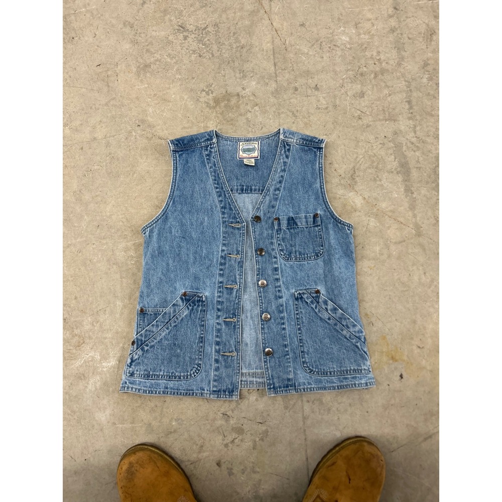 St Johns Bay Womens Medium Wash Denim Vest Button Up Utility Pocket Small 4/6